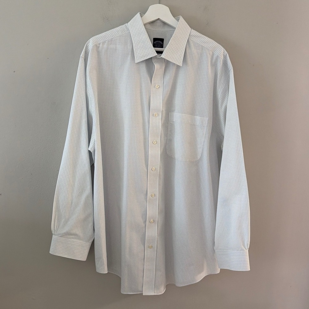 Brooks Brothers 346 Men White Blue Windowpane Check Long Sleeve Neck 18Shirt